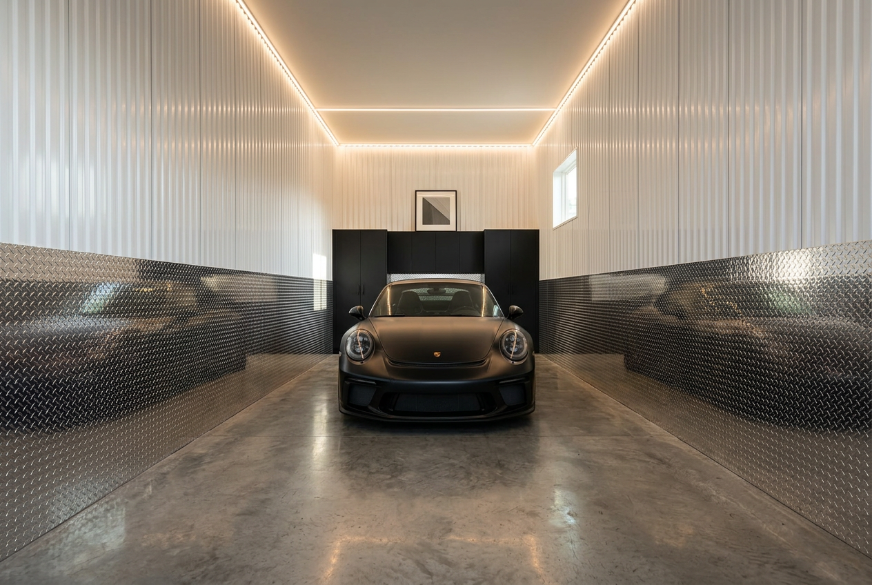 Luxury modern garage with white steel walls and a black Porsche 911