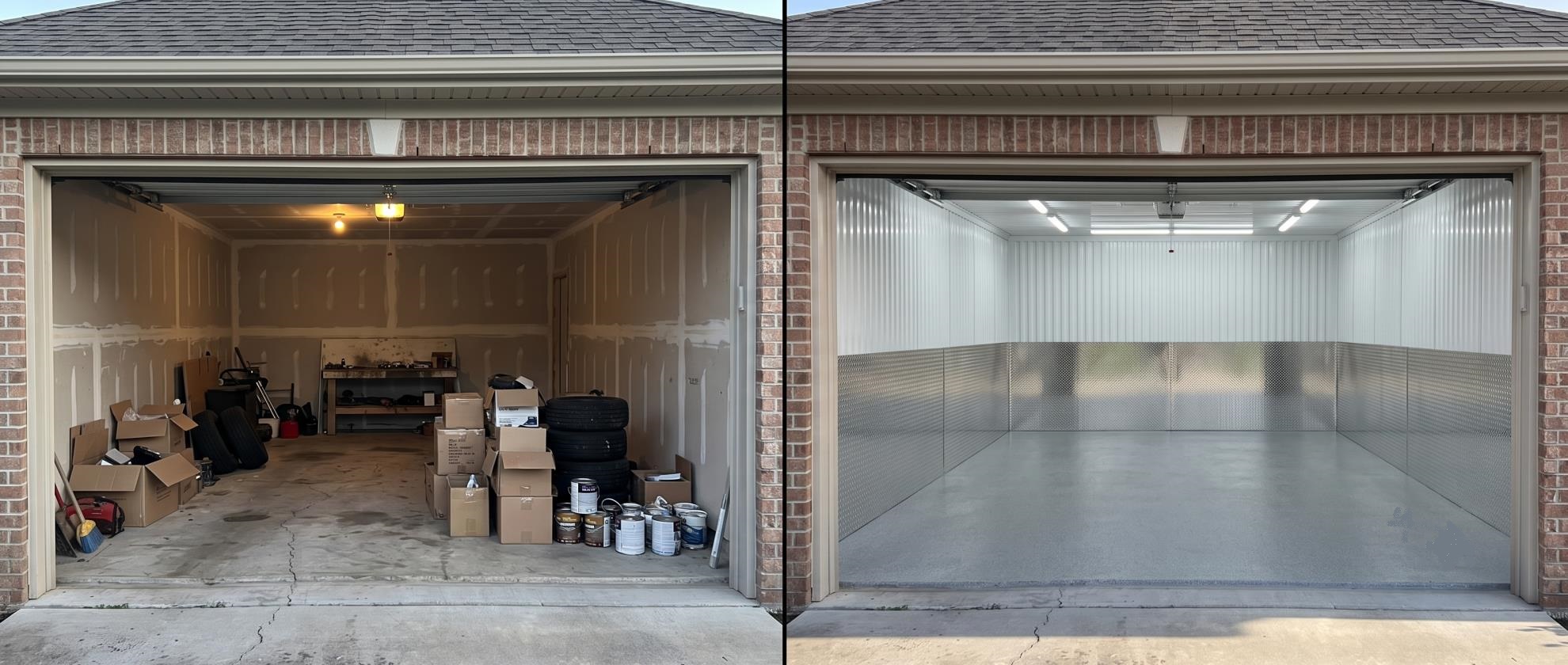 Before and after — cluttered unfinished garage transformed into a bright, clean space with white wall panels and diamond-tread wainscot
