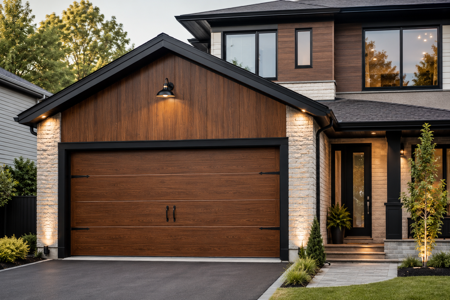 Modern home with walnut garage door