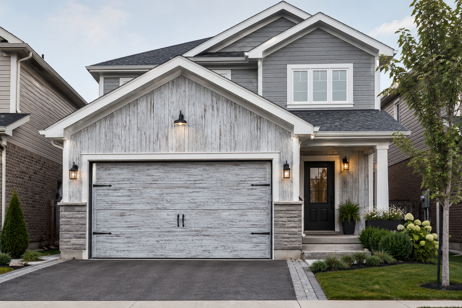 Modern home exterior with walnut doors